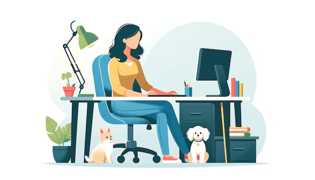 Young woman working on a computer at home with a cute dog sitting nearby