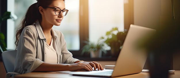 Young woman working on computer at home