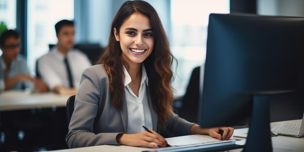 A young woman working at a computer in a modern bright office