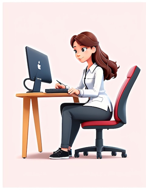 플랫 스타일의 컴퓨터 벡터 그림에서 작업하는 젊은 여성