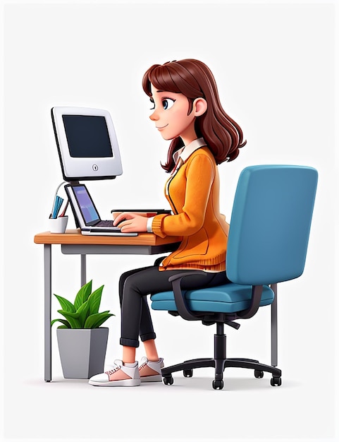 Young woman working at the computer vector illustration in flat style