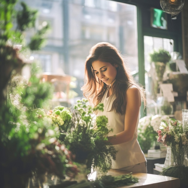 Photo young woman working in the flower shop