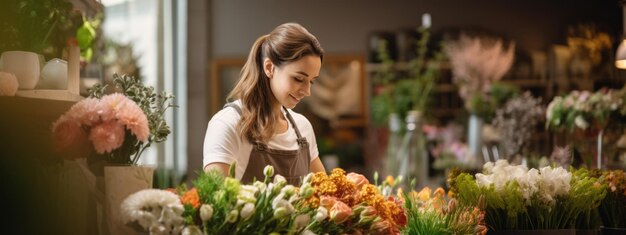 Молодая женщина, работающая в цветочном магазине