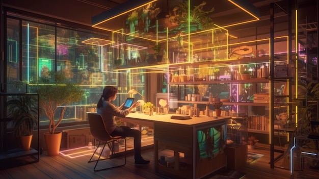 A young woman working in a futuristic room with plants and city view