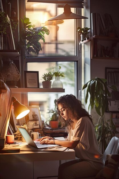 Young woman working in her computer in a living room