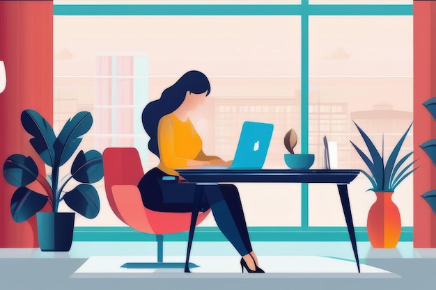 Young Woman Working at Home Flat Design Vector Illustrations