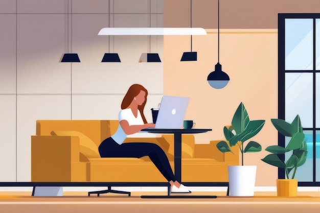 Young Woman Working at Home Flat Design Vector Illustrations