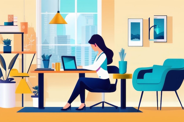 Young Woman Working at Home Flat Design Vector Illustrations