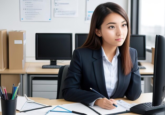 写真 オフィスで働く若い女性