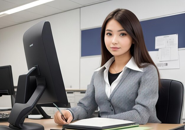 写真 オフィスで働く若い女性