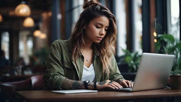 Young woman working on laptop in cafe smiling and look at camera Girl with tattoo designer freelancer or student work on computer laptop at table