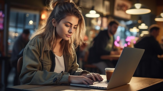 young woman working on laptop in coffee shop tattooed woman