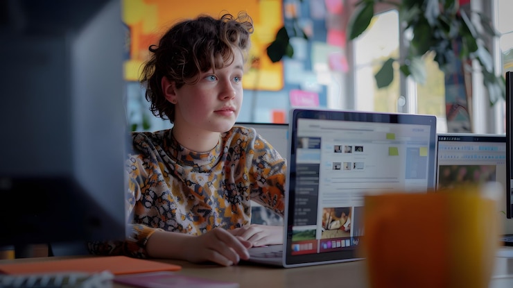 Photo young woman working on a laptop in a creative office space