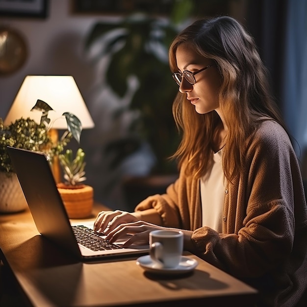 Young Woman Working on Laptop at Home Female Hand