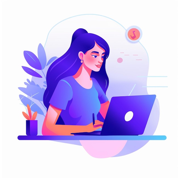 Young woman working on laptop at home Freelance concept Vector illustration