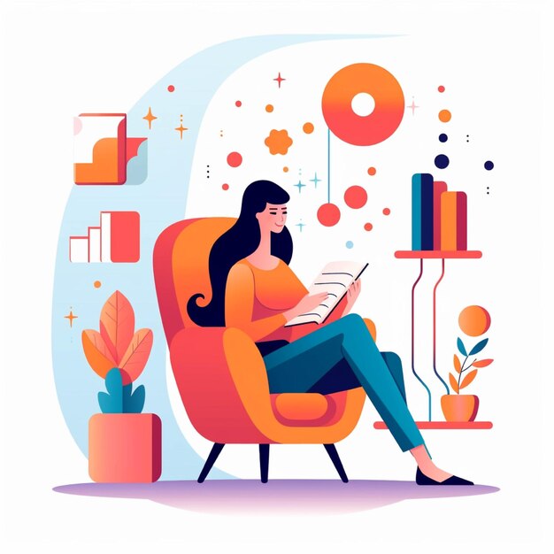 Young woman working on laptop at home Freelance concept Vector illustration