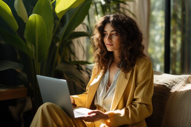 Photo young woman working on a laptop while sitting on sofa