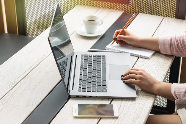 Giovane donna che lavora al computer portatile e la scrittura