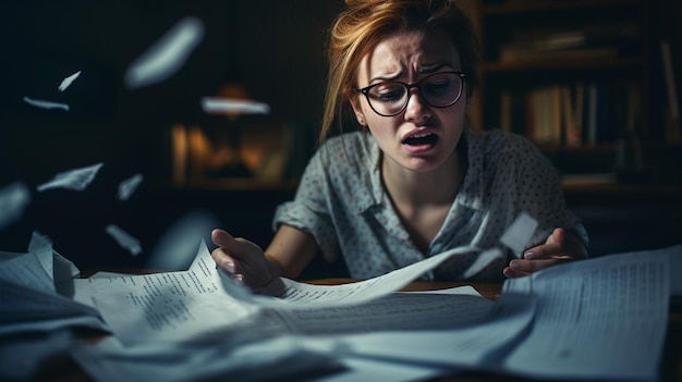 Young woman working late at night in the office she is overloaded with paperworkgenerative ai