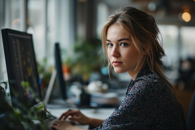 Young woman working in the office with computer