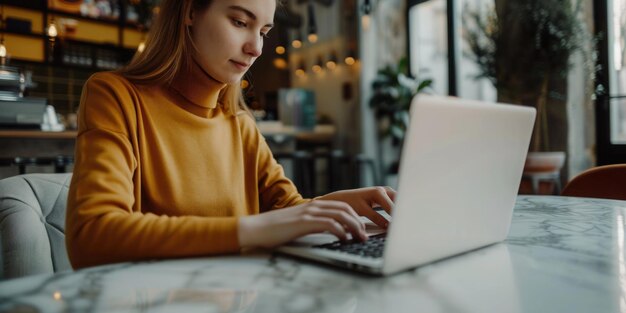 写真 コーヒーショップに座っている若い女性がラップトップで働いています