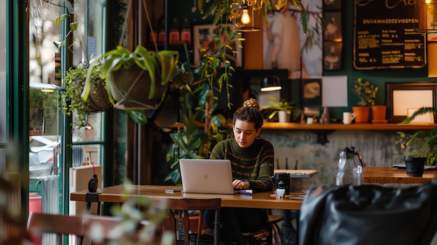 写真 カフェでラップトップで働いている若い女性彼女は緑色のセーターを着ており背景には植物があります