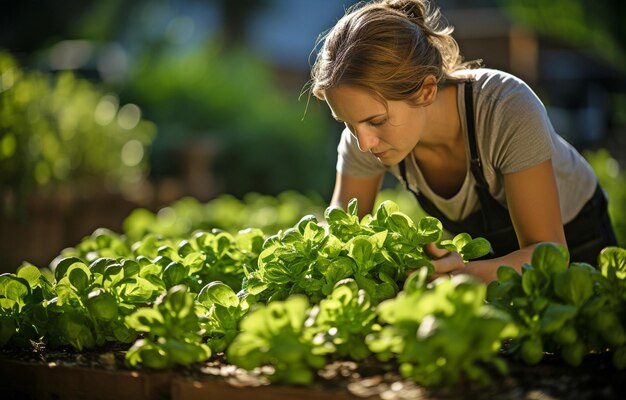 young woman working on a plantation harvesting fresh green lettuce