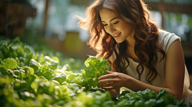 young woman working on a plantation harvesting fresh green lettuce