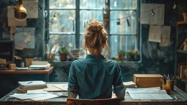 Young woman working sitting at a table in a room view from the back