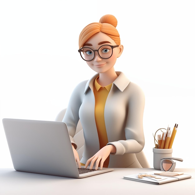 白い背景に隔離された3Dキャラクターのラップトップコンピュータで働いて勉強する若い女性