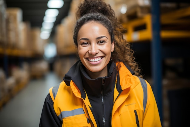 Photo young woman working at warehouse and driving forklift