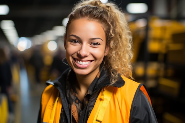 Young woman working at warehouse and driving forklift