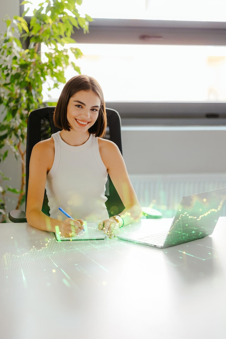 Photo young woman working with augmented reality technology in modern office