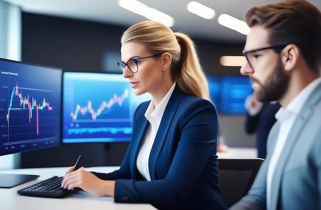 A young woman working with data for financial analysis and market forecasting with a growing digital