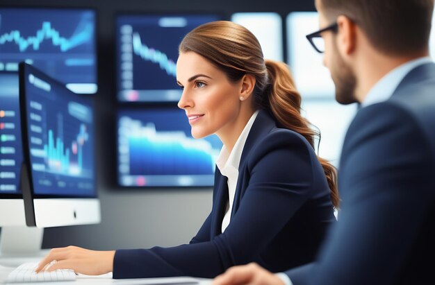 A young woman working with data for financial analysis and market forecasting with a growing digital