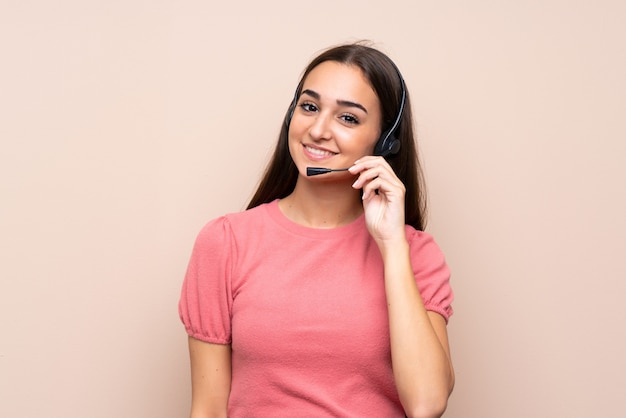 Young woman working with headset