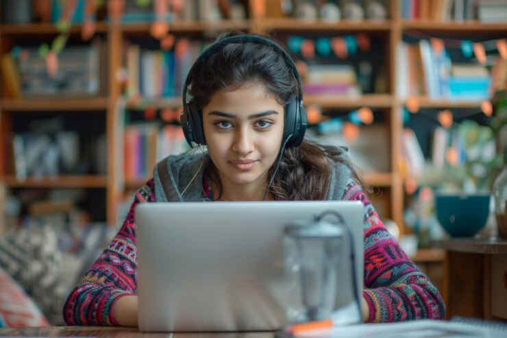 फोटो a young woman working with laptop and earphones