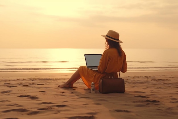 Young woman working with a laptop on nature in summer beach Generative AI