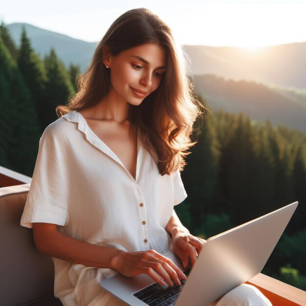 Photo young woman working with laptop