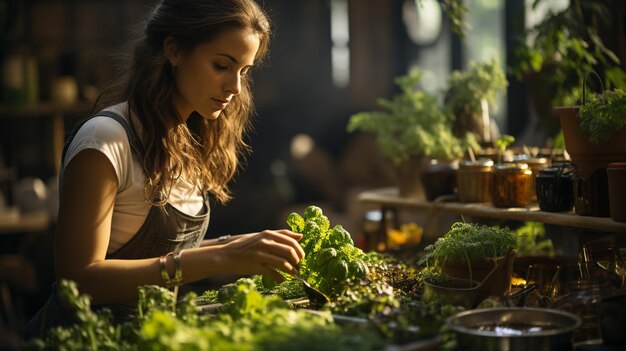 植物を扱う若い女性