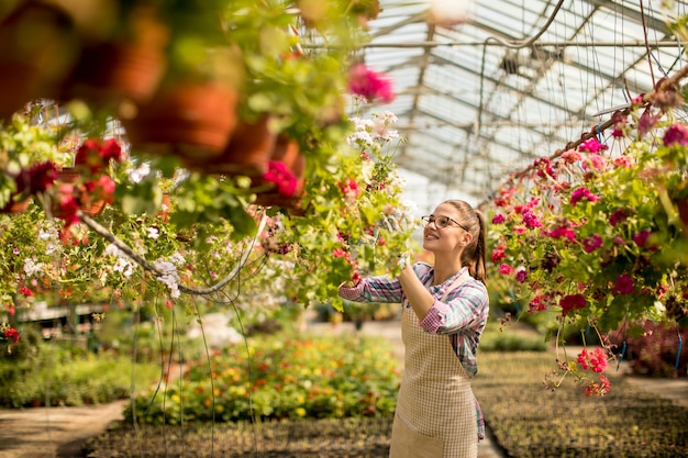 温室で春の花で働く若い女性