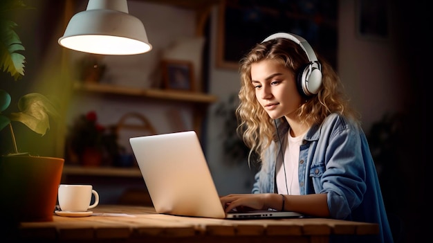 Young woman works on laptop at