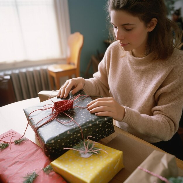 Photo young woman wrapping presents