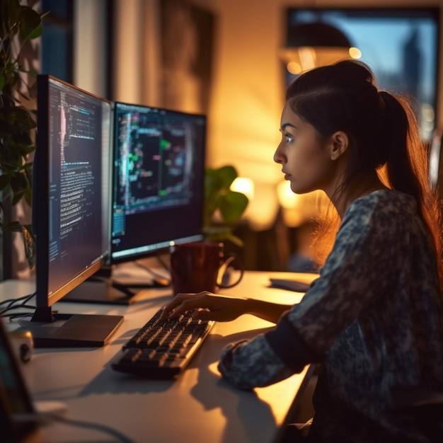 Young woman writing code on her desktop