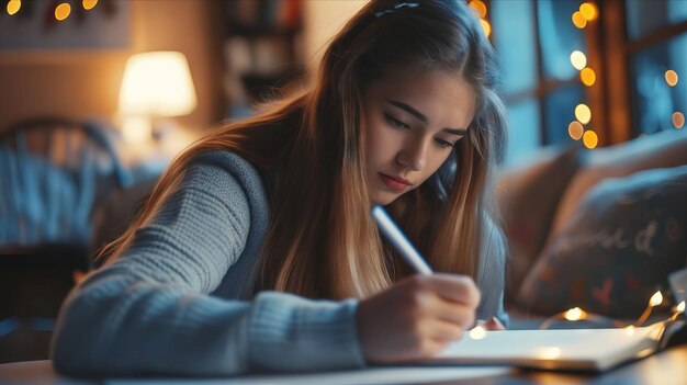 暖炉の前で書いている若い女性