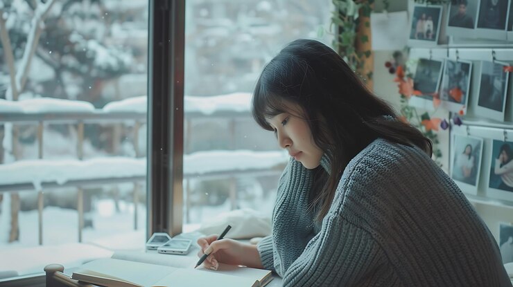 Photo 雪の景色の窓のそばでノートブックを書いている若い女性