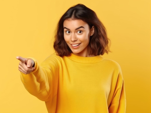 A young woman on a yellow background smiles and points her finger at something