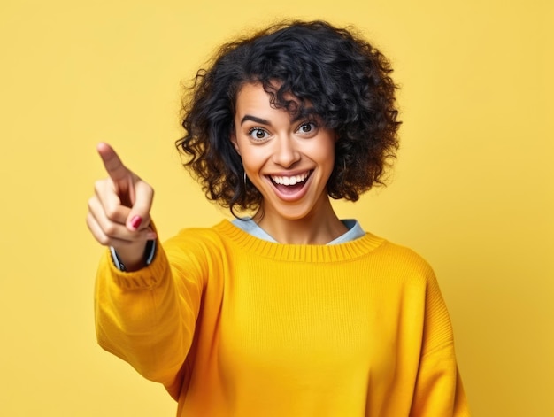 A young woman on a yellow background smiles and points her finger at something