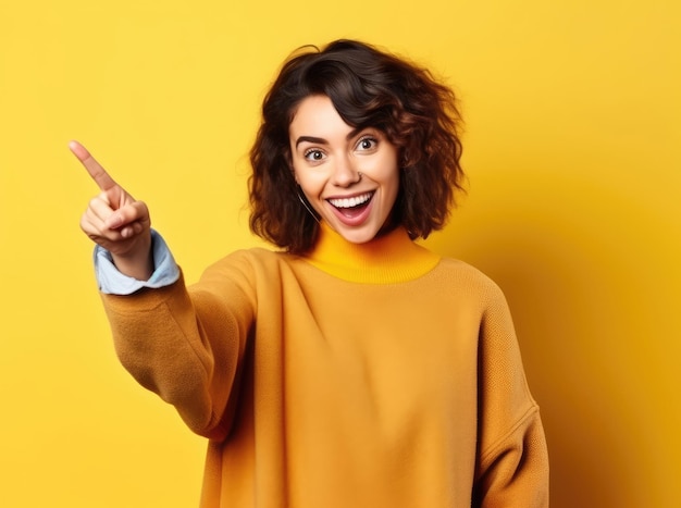 A young woman on a yellow background smiles and points her finger at something