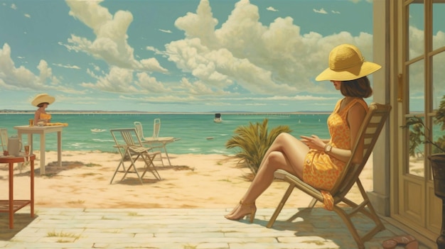 노란 드레스와 모자를 쓴 젊은 여성이 의자에 앉아 바다를 바라보고 있습니다.